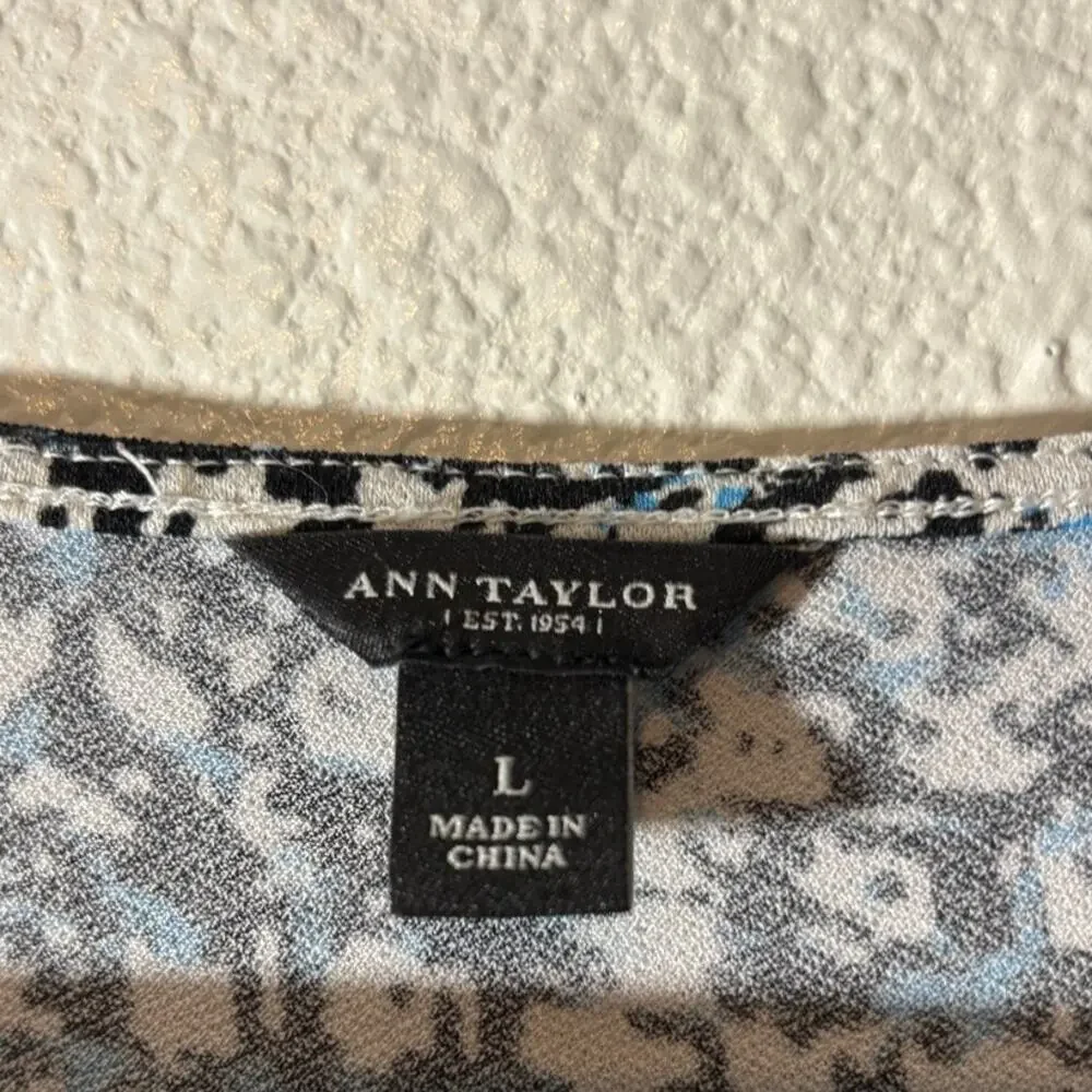 Ann Taylor Women's Size L Blue Black Abstract Cowl Neck 3/4 Sleeves Blouse Top